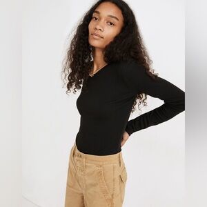 Madewell Fine Ribbed Long-Sleeve Fitted Tee Crewneck Black XS